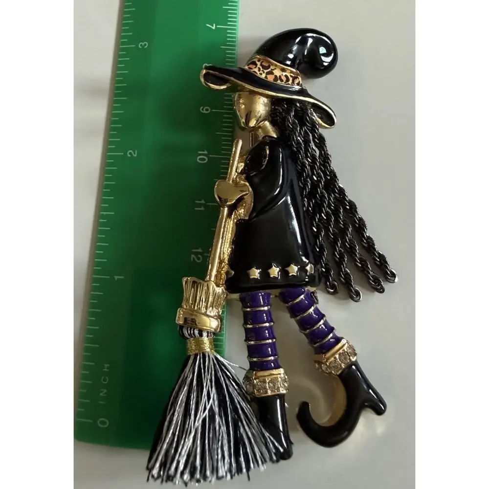 Funky Witch Brooch Pin Black Enamel Purple Rhinestone Broom Halloween Jewelry
